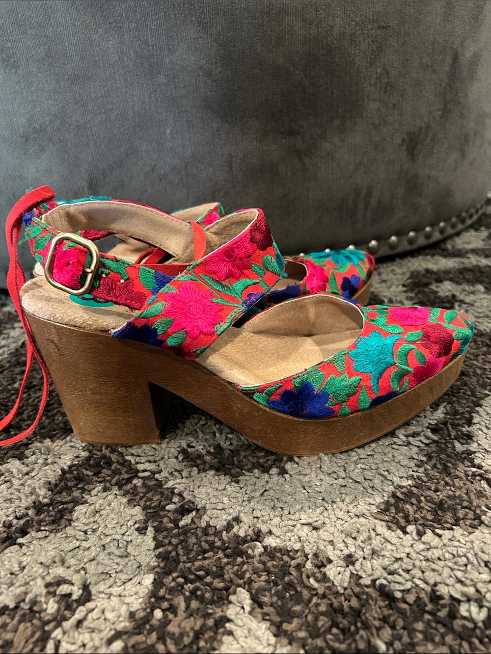 Free People Multicolor Embroidered Pointed-Toe Ankle-Tie Heels - Picture 3 of 5